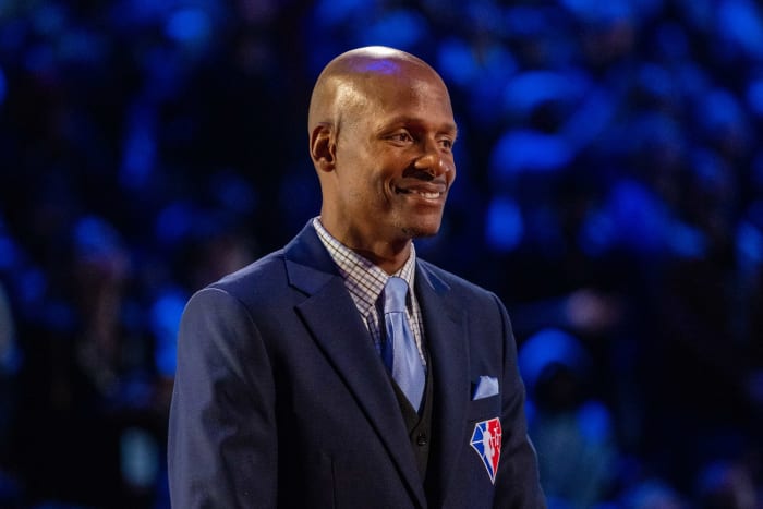 February 20, 2022; Cleveland, Ohio, USA; NBA great Ray Allen is honored for being selected to the NBA 75th Anniversary Team during halftime in the 2022 NBA All-Star Game